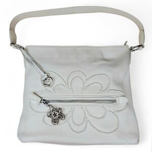 Brighton Leather Shoulder Bag Ivory Handbag Hobo Purse Key Clip Silver Charms